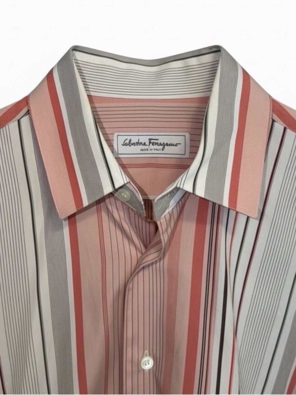 Salvatore Ferragamo Men's Pink Gray Striped Dress Shirt | Cotton | Made in Italy - Picture 10 of 13